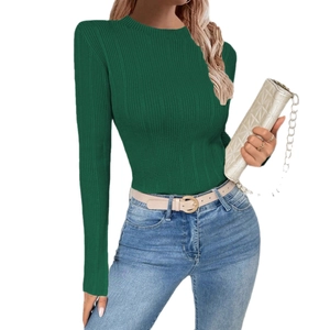 Slim fit dark green ribbed knit long sleeve sweater for women with round neck