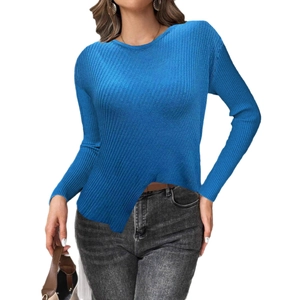Pull en tricot côtelé bleu vif pour femme avec ourlet irrégulier unique et manches longues