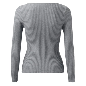 Vue arrière détaillée d'un pull gris à manches longues en maille côtelée texturée