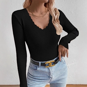 Slim fit black ribbed knit sweater for women with decorative scalloped V-neckline style