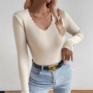 Women's slim fit V-neck knit sweater in cream white with wavy scalloped collar design