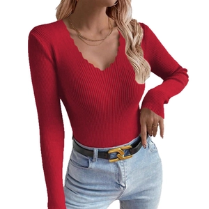 Slim fit burgundy knit sweater for women featuring an elegant scalloped V-neck design