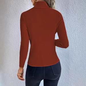 Back view of a slim fit rust red ribbed knit turtleneck sweater for women