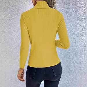 Back view of yellow high-neck knit sweater with vertical ribbed texture detail