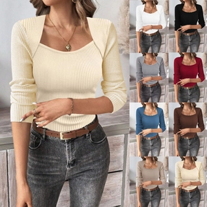Maglione Donna Elegante Scollo Quadrato a Costine Slim Fit Manica Lunga Tinta Unita Pullover Urban Casual Jumper Top