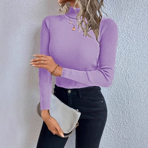 Detail of the light purple mock neck knit top featuring vertical ribbed texture and slim fit