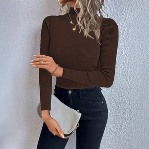 Detail of dark brown ribbed knit texture on a high-neck long-sleeve sweater for women