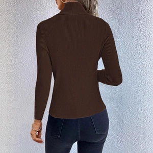 Back view of a slim-fit dark brown turtleneck ribbed knit top for women with soft lighting