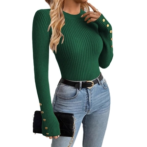 Slim fit dark green ribbed knit sweater for women featuring decorative gold buttons on sleeves