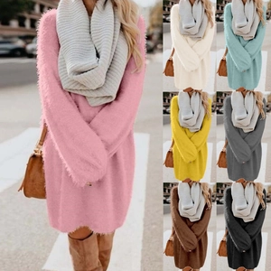 Women's Casual Plush Long Sleeve Round Neck Sweater Dress With Scarf Warm Solid Color Soft Knitted Mini Dress Autumn Winter