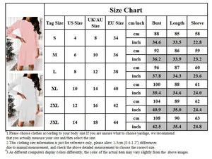 Detailed size chart for long sleeve knit dress with measurements in cm and inches