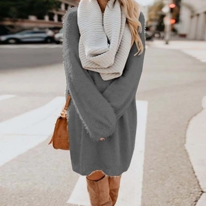 Chic autumn winter look with gray fuzzy knit sweater dress and matching scarf and boots