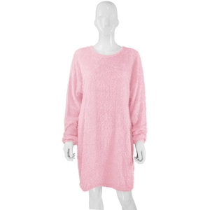 Detail of pink long sleeve plush dress featuring a soft faux mink fur texture and round neck