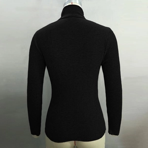 Detail view showing the ribbed knit texture and back design of a black turtleneck sweater