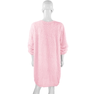 Back view of a loose pink plush sweater dress on a white mannequin showing long sleeves