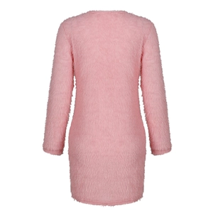 Close-up of pink fuzzy knit dress showing soft faux mink fur texture and long sleeves