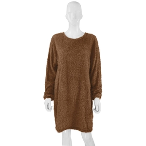 Detailed view of the soft fluffy texture and plush fabric on the brown crewneck dress