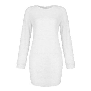 Detail of soft white fuzzy knit fabric and round neckline on a long sleeve dress