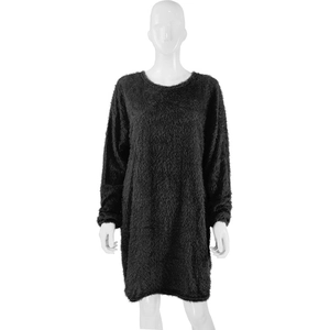 Detail of black long sleeve faux fur dress showing soft plush texture and crew neck design