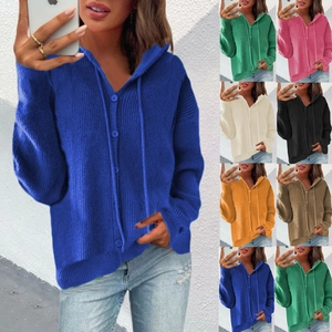 Women Casual Hooded Knitted Cardigan Sweater Button Up Ribbed Knit Outerwear Solid Color Long Sleeve Hooded Sweater Top