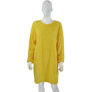 Detail of loose round-neck long-sleeve plush knit dress in vibrant ginger yellow