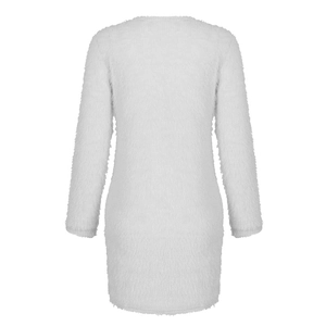 Back view of a white fuzzy long sleeve sweater dress in plush faux fur material
