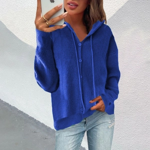 Women's royal blue hooded knit cardigan sweater with buttons in a loose fit style