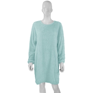 Detail of mint green fuzzy oversized sweater dress showing plush faux fur texture