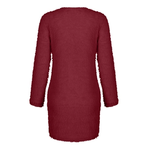 Detail view showing back of wine red plush long sleeve dress with fuzzy knit texture