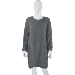 Detailed texture of gray crewneck long sleeve plush knit sweater dress in oversize fit
