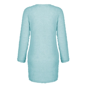 Detail view of the plush turquoise knit texture on a long-sleeved winter sweater dress
