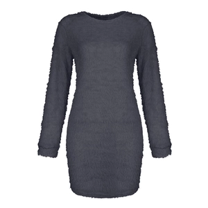 Close-up of dark grey plush long-sleeve dress with soft textured faux mink fur fabric