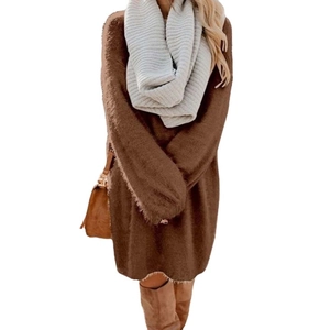 Women's autumn brown knit plush dress with long sleeves and loose round neck style