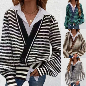 Gilet en Maille Rayé pour Femmes Col en V Manches Longues Pull à Boutons Vintage Décontracté Automne Hiver Outwear Tops