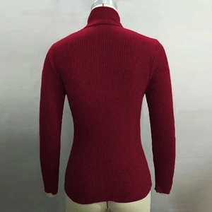 Detailed back view of a burgundy ribbed knit turtleneck sweater on a mannequin