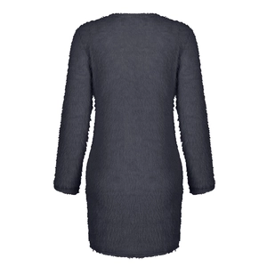 Rear view of dark grey plush knit long-sleeved dress showing thick fuzzy texture