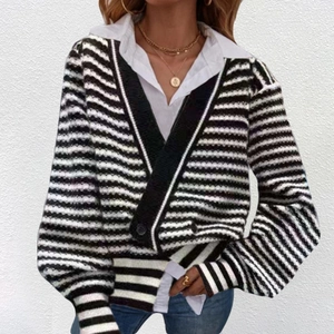 Gilet en maille pour femme avec col en V et rayures horizontales noires et blanches