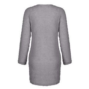 Detail view of the soft grey plush knit long-sleeved dress from the back perspective
