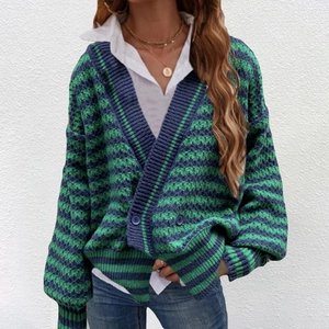 Gilet en maille rayée vert et bleu pour femme avec col en V et une coupe ample décontractée
