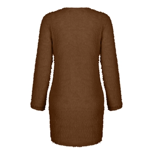 Rear view of long sleeve brown fuzzy mini dress with cozy plush teddy texture