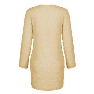 Detailed back view of a light yellow plush long-sleeve dress with soft faux fur texture