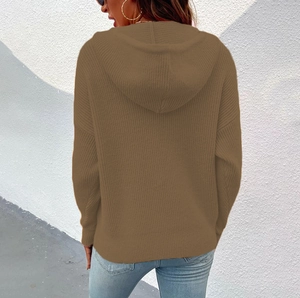 Rear view of brown cable knit hooded cardigan with vertical stripe texture for women