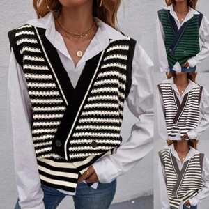 Gilet en maille rayée à col en V pour femmes avec boutons vintage colorés