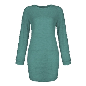 Detailed texture of fuzzy long sleeve knit sweater dress in peacock green fabric