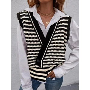 Gilet en tricot à rayures pour femmes avec col en V et boutonnage de style rétro