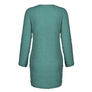 Detail of teal fuzzy knit fabric texture on long sleeve shaggy sweater dress