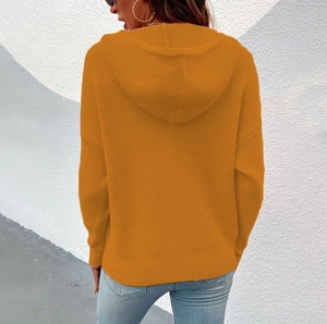 Rear view of women's mustard yellow hooded knit cardigan with vertical ribbed texture
