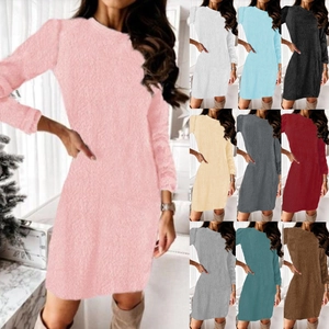 Women Casual Plush Knit Long Sleeve Mini Dress Solid Color Round Neck Fuzzy Sweater Dress Autumn Winter Warm Short Dress