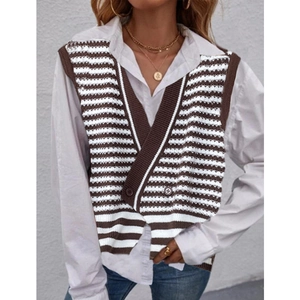 Gilet en maille rayé marron et blanc pour femmes avec col en V et boutons