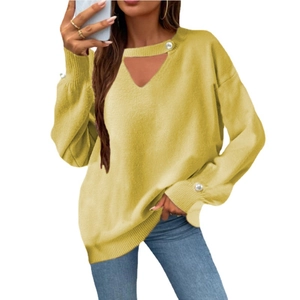 Casual yellow V-neck knit sweater for women with hollow-out design and pearl details
